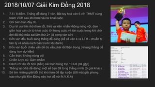 2018/10/07 Gi?i Kim ??ng 2018
1. 7.5 / 8 ?i?m. Th?ng d? dng 7 vn. B?t tay ho vn 6 v?i THMT cng
team VCH sau khi h?n h?u t? khai cu?c.
2. Ghi bin b?n ??y ??.
3. Duy tr ?u th? nh? (h?n t?t, th?) v kin nh?n kh?ng nng v?i, ??n
gi?n ho vn c? t? khai cu?c t?i trung cu?c v tn cu?c trong khi ch?
??i ??i th? m?c sai l?m th? 2+ (l xong vn c?)
4. B?n vn ??u bu?i sng th?ng d? dng (k? c? vn 4 vs LTM - chu?n b?
t?m l? v nhi?u k?ch b?n tr??c khi ?nh)
5. B?n vn bu?i chi?u v?n d? d v?n ph?i r?t th?n tr?ng (nh?ng th?ng d?
dng h?n d? ki?n)
6. C?n th?n, kh?ng nng v?i
7. Chi?n l??c c?: G?m nh?m
8. ?nh c? tn t?t h?n (h?n) cc b?n trong top 10 U8 (?? g?p)
9. Th?ng l?i (kh d? dng) m?t s? b?n ?? t?ng th?ng mnh (? gi?i khc)
10. S? tm nh?ng gi?i/??i th? kh h?n ?? t?p luy?n (U8 m?t gi?i phong
tro nh? gi?i Kim ??ng ny h?i d? v?i N.V.K.A)
 