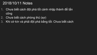 2018/10/11 Notes
1. Ch?a bi?t cch ??t ph t?t cnh nh?p thnh ?? t?n
c?ng
2. Ch?a bi?t cch phng th? (s?)
3. Khi c? kn v ph?i ??t ph b?ng t?t: Ch?a bi?t cch
 