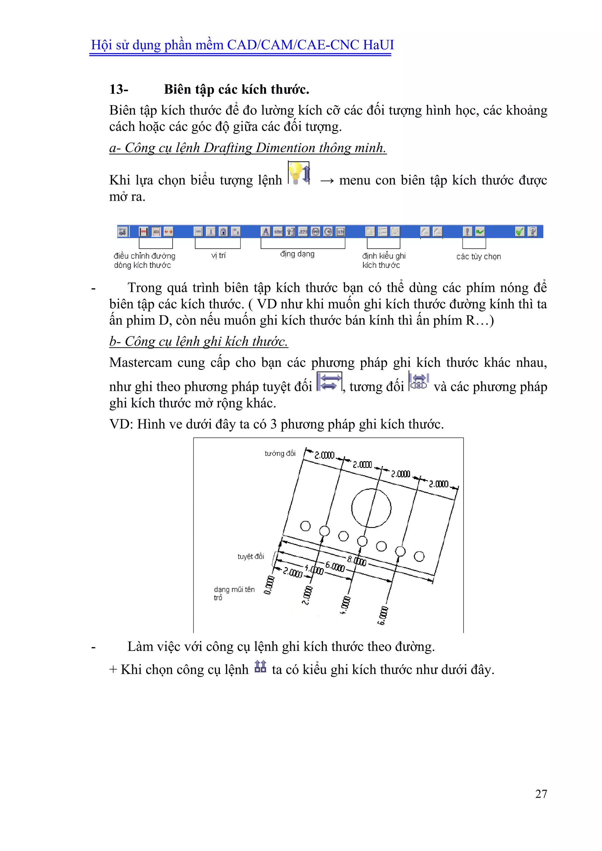 Hội sử dụng phần mềm CAD/CAM/CAE-CNC HaUI
27
13- Biên tập các kích thƣớc.
Biên tập kích thước để đo lường kích cỡ các đối tượng hình học, các khoảng
cách hoặc các góc độ giữa các đối tượng.
a- Công cụ lệnh Drafting Dimention thông minh.
Khi lựa chọn biểu tượng lệnh → menu con biên tập kích thước được
mở ra.
- Trong quá trình biên tập kích thước bạn có thể dùng các phím nóng để
biên tập các kích thước. ( VD như khi muốn ghi kích thước đường kính thì ta
ấn phim D, còn nếu muốn ghi kích thước bán kính thì ấn phím R…)
b- Công cụ lệnh ghi kích thước.
Mastercam cung cấp cho bạn các phương pháp ghi kích thước khác nhau,
như ghi theo phương pháp tuyệt đối , tương đối và các phương pháp
ghi kích thước mở rộng khác.
VD: Hình ve dưới đây ta có 3 phương pháp ghi kích thước.
- Làm việc với công cụ lệnh ghi kích thước theo đường.
+ Khi chọn công cụ lệnh ta có kiểu ghi kích thước như dưới đây.
 