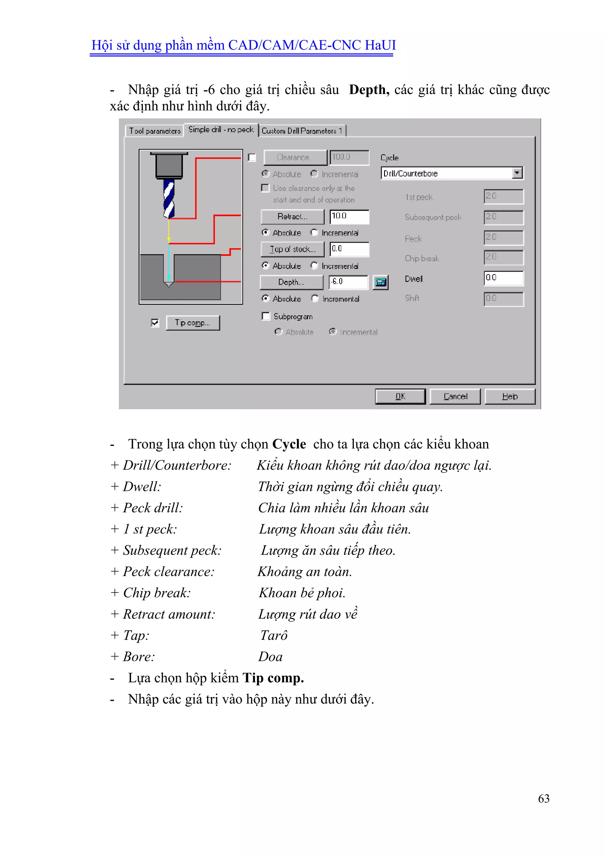 Hội sử dụng phần mềm CAD/CAM/CAE-CNC HaUI
63
- Nhập giá trị -6 cho giá trị chiều sâu Depth, các giá trị khác cũng được
xác định như hình dưới đây.
- Trong lựa chọn tùy chọn Cycle cho ta lựa chọn các kiểu khoan
+ Drill/Counterbore: Kiểu khoan không rút dao/doa ngược lại.
+ Dwell: Thời gian ngừng đổi chiều quay.
+ Peck drill: Chia làm nhiều lần khoan sâu
+ 1 st peck: Lượng khoan sâu đầu tiên.
+ Subsequent peck: Lượng ăn sâu tiếp theo.
+ Peck clearance: Khoảng an toàn.
+ Chip break: Khoan bẻ phoi.
+ Retract amount: Lượng rút dao về
+ Tap: Tarô
+ Bore: Doa
- Lựa chọn hộp kiểm Tip comp.
- Nhập các giá trị vào hộp này như dưới đây.
 