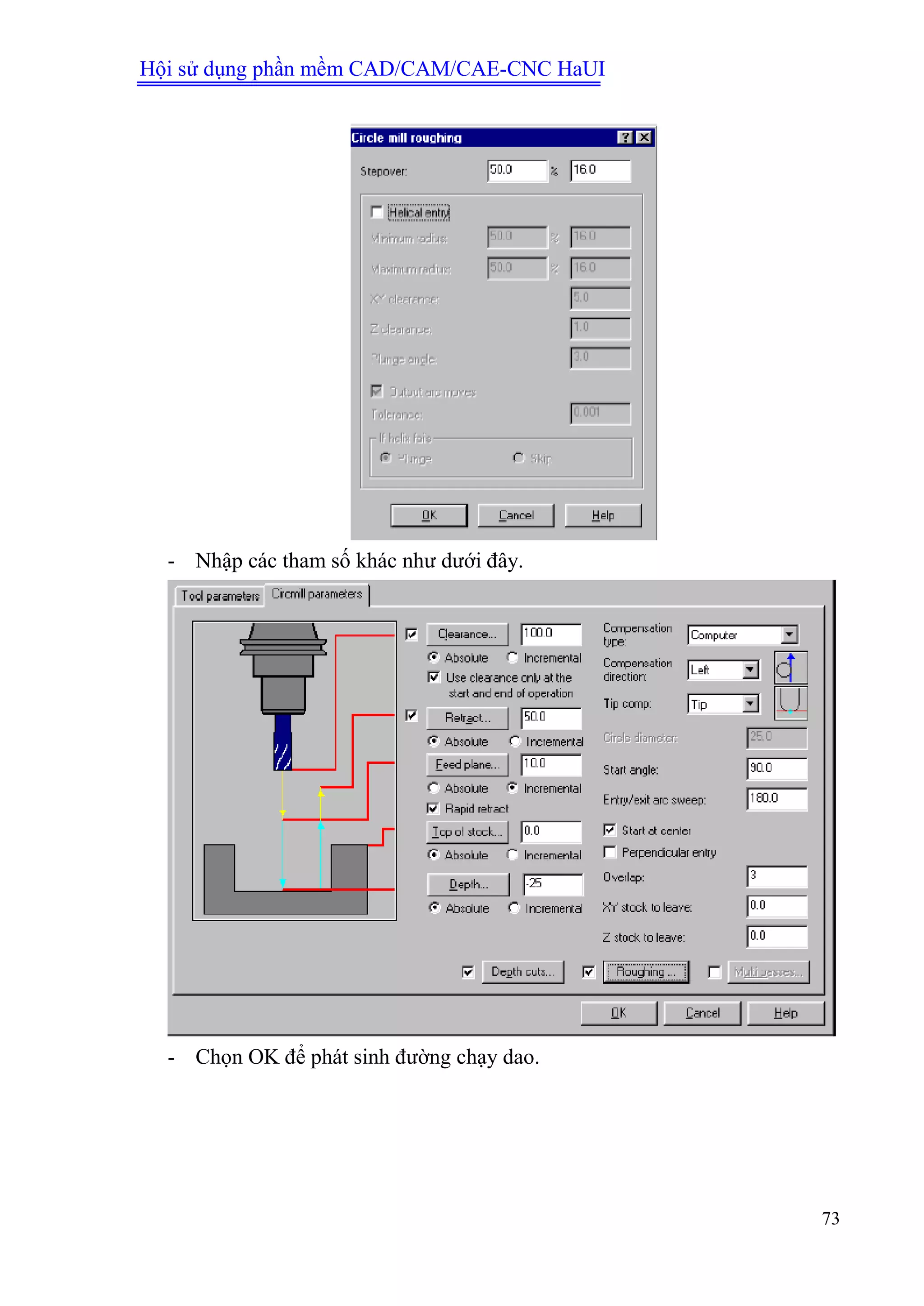 Hội sử dụng phần mềm CAD/CAM/CAE-CNC HaUI
73
- Nhập các tham số khác như dưới đây.
- Chọn OK để phát sinh đường chạy dao.
 