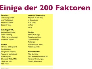 Einige der 200 Faktoren
Backlinks                Keyword-Verwendung
Domainpopularität        Keyword in Title-Tag
Link-Vielfältigkeit      in Descritpion
Keyword-Domain           in ALT-Tag
Backlink-Texte           im Text
                         u.s.w.
Meta-Tags/HTML
Metatag Description      Content
HTML-Heading             Bilder (ALT-Tag)
HTML-Hervorhebungen      Ausgehende Links
<div> statt <table>      Contentmenge
                         Textlänge
Struktur                 Wachstum der Seite
int. Links mit Keyword   Nebenkeywords
Durchblutung
Navigations-Ebenen       Weitere Punkte
Pagerank(-Verteilung)    Alter der Seite
Speaking URL             Top Level Domainrobots.txt
Sitemap (HTML, XML)      Korrekte Umleitungen
Länge der URL            Größe (Seitenzahl)
RSS-Feed
 