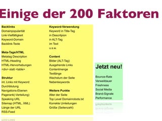 Einige der 200 Faktoren
Backlinks                Keyword-Verwendung
Domainpopularität        Keyword in Title-Tag
Link-Vielfältigkeit      in Descritpion
Keyword-Domain           in ALT-Tag
Backlink-Texte           im Text
                         u.s.w.
Meta-Tags/HTML
Metatag Description      Content
HTML-Heading             Bilder (ALT-Tag)
HTML-Hervorhebungen
<div> statt <table>
                         Ausgehende Links
                         Contentmenge
                                                      Jetzt neu!
                         Textlänge
Struktur                 Wachstum der Seite           Bounce-Rate
int. Links mit Keyword   Nebenkeywords                Verweildauer
Durchblutung                                          Freshness
Navigations-Ebenen       Weitere Punkte               Social Media
Pagerank(-Verteilung)    Alter der Seite              Brand-Signale
Speaking URL             Top Level Domainrobots.txt   Performance
Sitemap (HTML, XML)      Korrekte Umleitungen
Länge der URL            Größe (Seitenzahl)
RSS-Feed
 