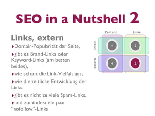 SEO in a Nutshell 2
                                               Content   Links

Links, extern




                                      intern
‣Domain-Popularität der Seite,                    1       3


‣gibt es Brand-Links oder
Keyword-Links (am besten




                                      extern
                                                  4       2
beides),
‣wie schaut die Link-Vielfalt aus,
‣wie die zeitliche Entwicklung der
Links,
‣gibt es nicht zu viele Spam-Links,
‣und zumindest ein paar
“nofollow”-Links
 