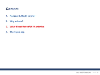 VALUE BASED TEAM BUILDING · P A G E 12
1. Konzept & Markt in brief
2. Why values?
3. Value based research in practise
4. The value app
Content
 