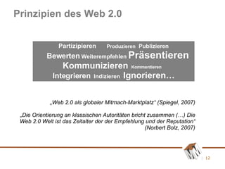 Prinzipien des Web 2.0 „ Web 2.0 als globaler Mitmach-Marktplatz“ (Spiegel, 2007) „ Die Orientierung an klassischen Autoritäten bricht zusammen (…) Die Web 2.0 Welt ist das Zeitalter der der Empfehlung und der Reputation“ (Norbert Bolz, 2007) Partizipieren   Produzieren   Publizieren Bewerten  Weiterempfehlen  Präsentieren Kommunizieren   Kommentieren   Integrieren   Indizieren  Ignorieren… 