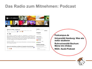 Das Radio zum Mitnehmen: Podcast Podcampus.de Universität Hamburg: Was wie wofür studieren Ruhruniversität Bochum: Meine Uni (Video) IKEA- Azubi-Podcast 