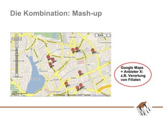 Die Kombination: Mash-up Google Maps  + Anbieter X: z.B. Verortung von Filialen 