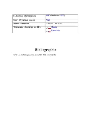 Fédération internationale IIHF (fondée en 1908)
Sport olympique depuis 1920
Joueurs licenciés 1 632 677 en 2013
Champions du monde en titre Russie
États-Unis
Bibliographie
varié,a.(s.d.). hockey surglace.Consulté le 2015, surwikipedia.
 
