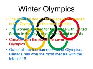 Winter Olympics The men are tied for first place with Sweden in the Olympics for the most medals The women are tied for first place with United States in the Olympics for the most medals Canada won the six of the seven first Olympics Out of all the tournaments in the Olympics, Canada has won the most medals with the total of 16  