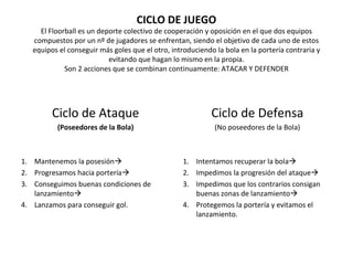 CICLO DE JUEGO
El Floorball es un deporte colectivo de cooperación y oposición en el que dos equipos
compuestos por un nº ...
