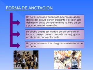 FORMA DE ANOTACION
Un gol es anotado si se otorga como resultado de
un penal.
Un gol es anotado cuando la bocha es jugada
dentro del círculo por un atacante y esta sin salir
del mismo, cruza completamente la línea de gol
y por debajo del travesaño.
La bocha puede ser jugada por un defensor o
tocar su cuerpo antes o después de ser jugada
en el círculo por un atacante.
 