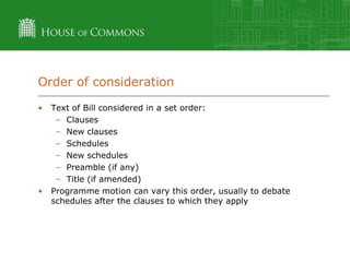Order of consideration
•

•

Text of Bill considered in a set order:
– Clauses
– New clauses
– Schedules
– New schedules
– Preamble (if any)
– Title (if amended)
Programme motion can vary this order, usually to debate
schedules after the clauses to which they apply

 