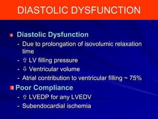 DIASTOLIC DYSFUNCTION
Diastolic Dysfunction
- Due to prolongation of isovolumic relaxation
time
-  LV filling pressure
-  Ventricular volume
- Atrial contribution to ventricular filling ~ 75%

Poor Compliance
-  LVEDP for any LVEDV
- Subendocardial ischemia

 