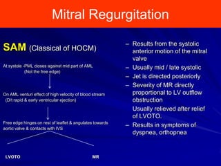 Mitral Regurgitation
SAM (Classical of HOCM)
At systole -PML closes against mid part of AML
(Not the free edge)

On AML venturi effect of high velocity of blood stream
(D/t rapid & early ventricular ejection)

Free edge hinges on rest of leaflet & angulates towards
aortic valve & contacts with IVS

LVOTO

MR

– Results from the systolic
anterior motion of the mitral
valve
– Usually mid / late systolic
– Jet is directed posteriorly
– Severity of MR directly
proportional to LV outflow
obstruction
Usually relieved after relief
of LVOTO.
– Results in symptoms of
dyspnea, orthopnea

 