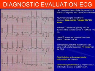DIAGNOSTIC EVALUATION-ECG

LVH - increased precordial voltages and nonspecific ST segment and T-wave abnormalities.
Asymmetrical septal hypertrophy
produces deep, narrow (“dagger-like”) Q
waves

infarction Q waves are typically > 40 ms
duration while septal Q waves in HCM are < 40
ms.
Lateral Q waves are more common than
inferior Q waves in HCM.
compensatory left atrial hypertrophy, with
signs of left atrial enlargement (“P mitrale”) on
the ECG.

Atrial fibrillation and supraventricular
tachycardias are common.
Ventricular dysrhythmias (e.g. VT) also occur
and may be a cause of sudden death.

 