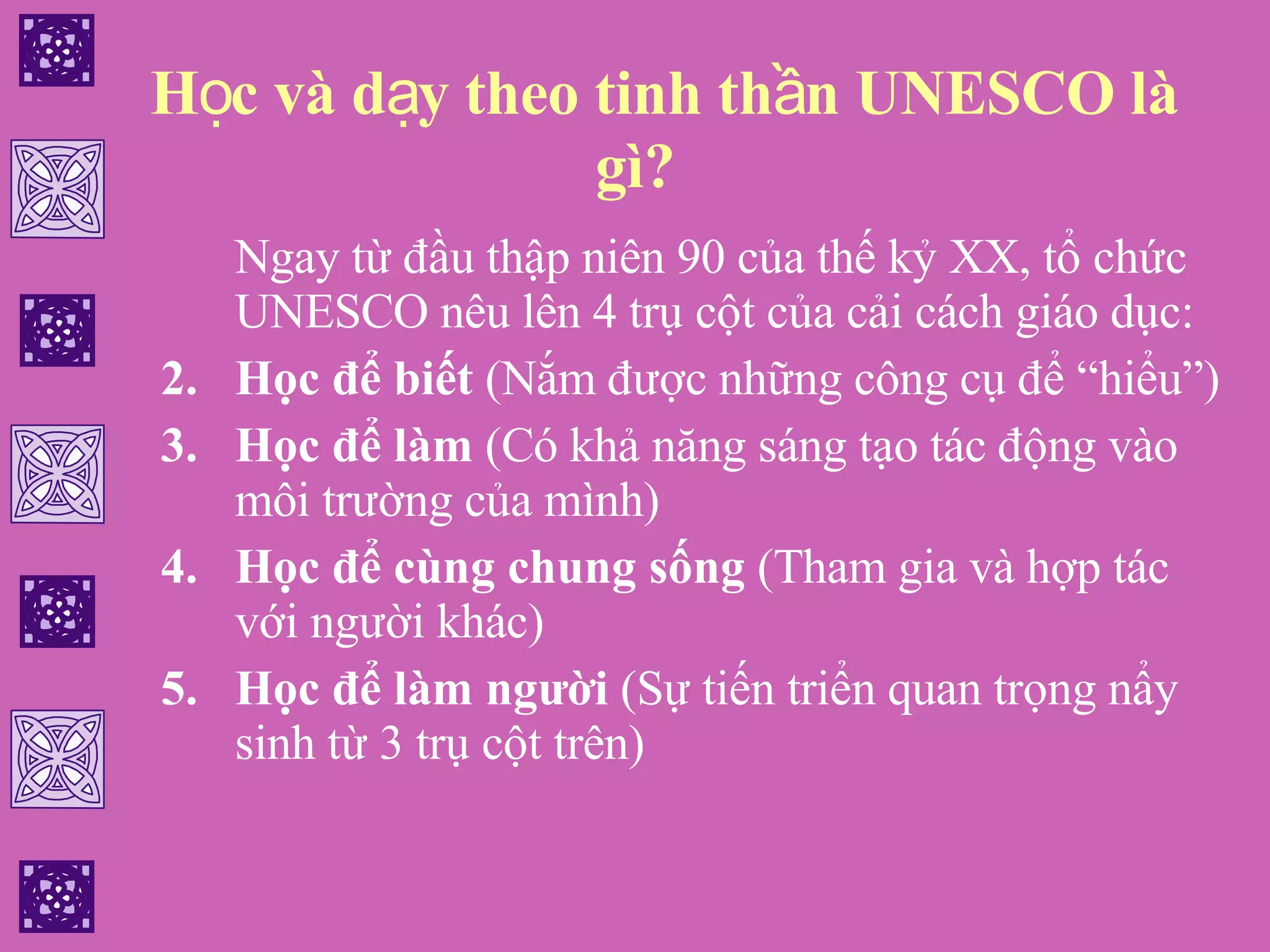 Học và dạy theo tinh thần UNESCO là gì? Ngay từ đầu thập niên 90 của thế kỷ XX, tổ chức UNESCO nêu lên 4 trụ cột của cải cách giáo dục: Học để biết  (Nắm được những công cụ để “hiểu”) Học để làm  (Có khả năng sáng tạo tác động vào môi trường của mình) Học để cùng chung sống  (Tham gia và hợp tác với người khác) Học để làm người  (Sự tiến triển quan trọng nẩy sinh từ 3 trụ cột trên) 