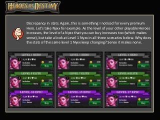 Discrepancy in stats. Again, this is something I noticed for every premium
Hero. Let’s take Nyxx for example. As the level of your other playable Heroes
increases, the level of a Nyxx that you can buy increases too (which makes
sense), but take a look at Level 1 Nyxx in all three scenarios below. Why does
the stats of the same level 1 Nyxx keep changing? Sense it makes none.
 