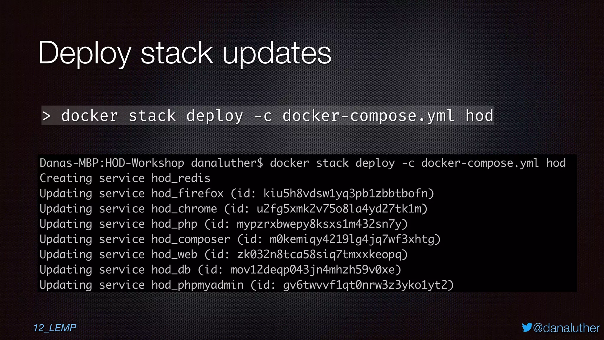 @danaluther
Deploy stack updates
> docker stack deploy -c docker-compose.yml hod
12_LEMP
 