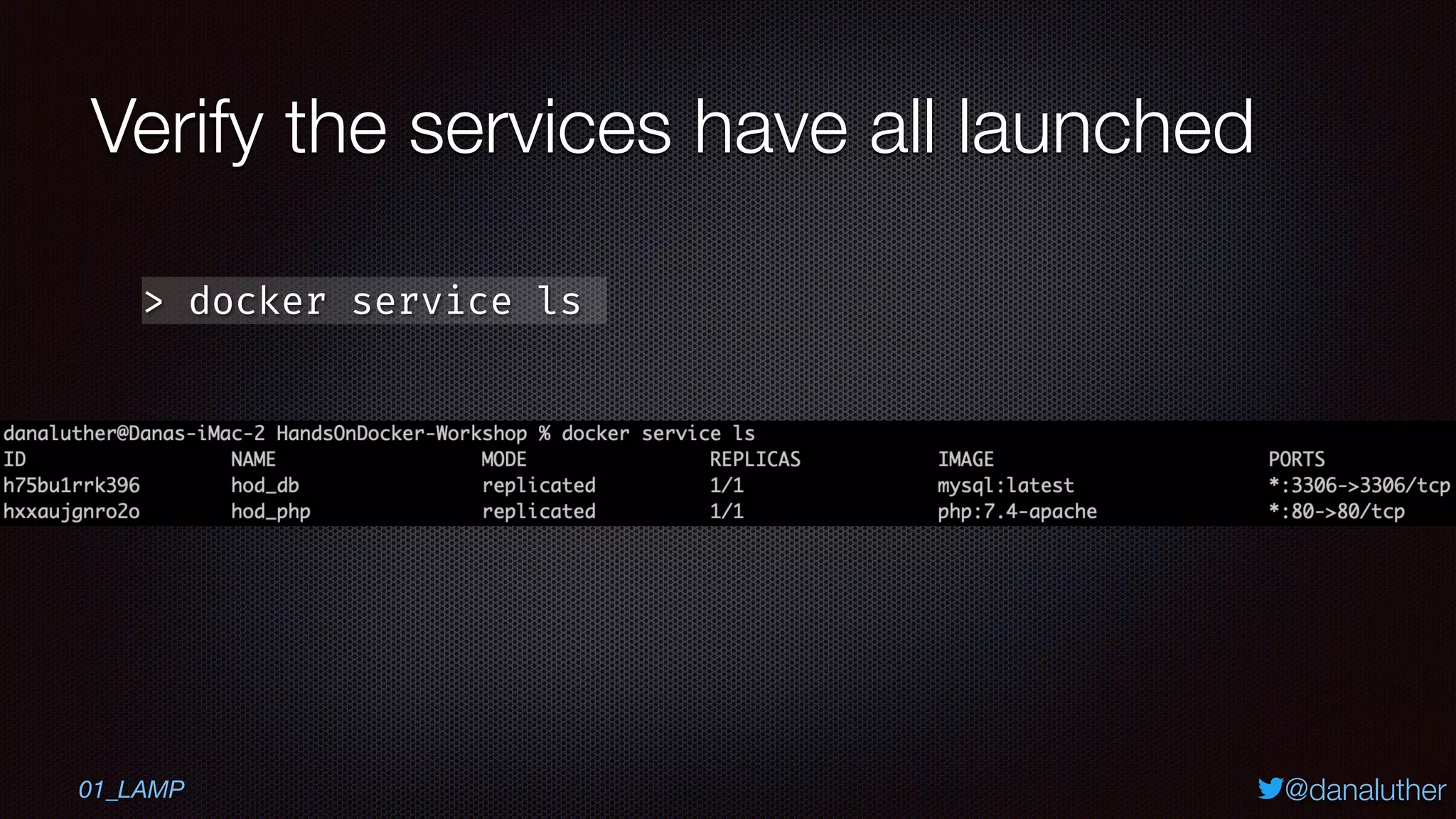 @danaluther
Verify the services have all launched
> docker service ls
01_LAMP
 