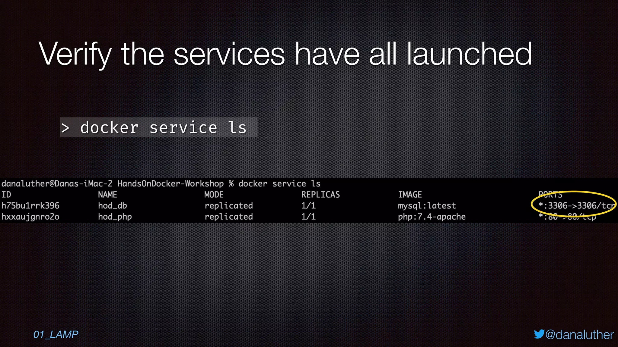 @danaluther
Verify the services have all launched
> docker service ls
01_LAMP
 
