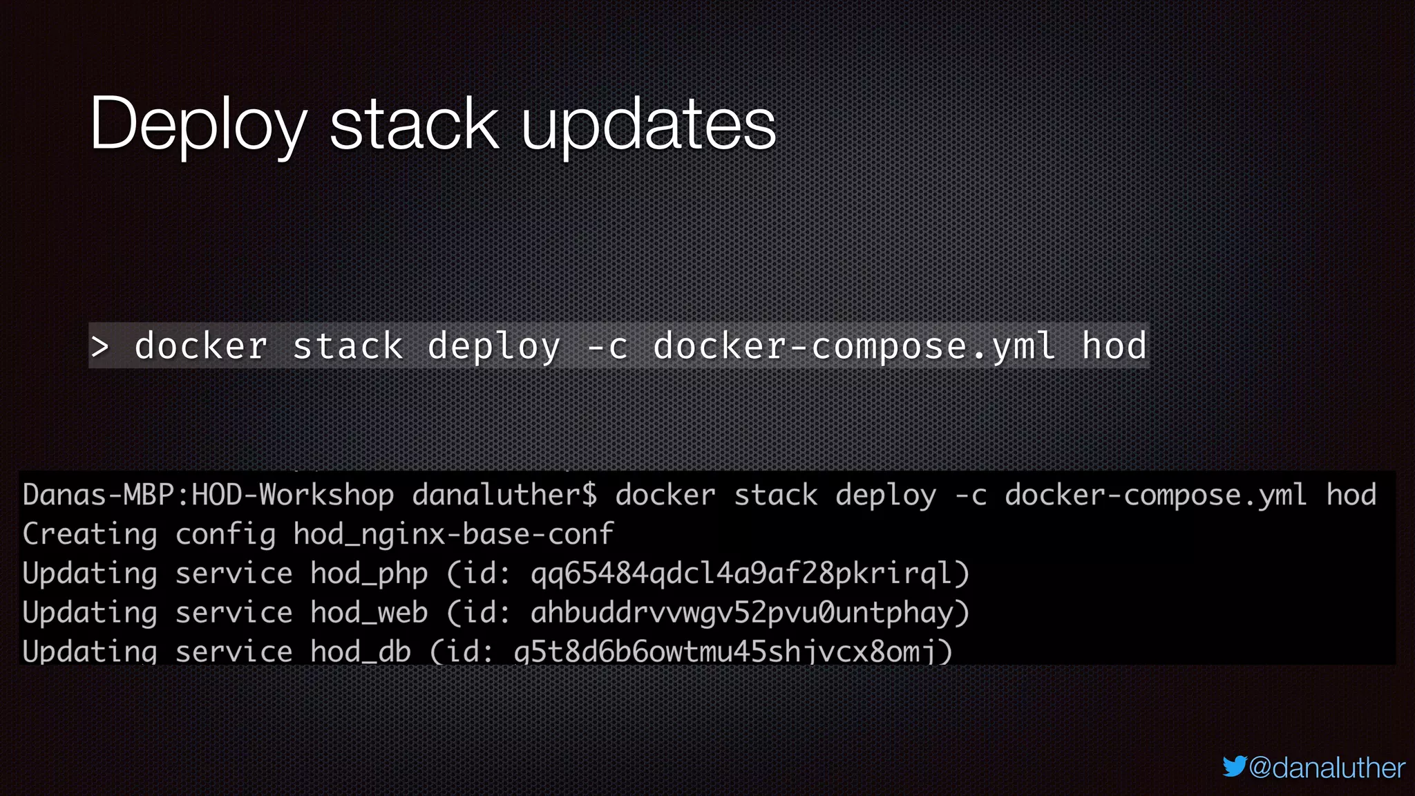 @danaluther
Deploy stack updates
> docker stack deploy -c docker-compose.yml hod
 