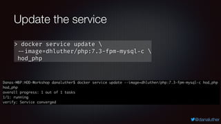 @danaluther
Update the service
> docker service update 
--image=dhluther/php:7.3-fpm-mysql-c 
hod_php
 