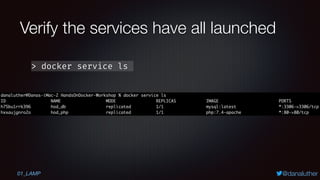 @danaluther
Verify the services have all launched
> docker service ls
01_LAMP
 