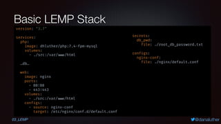 @danaluther
Basic LEMP Stack
03_LEMP
version: "3.7"
services:
php:
image: dhluther/php:7.4-fpm-mysql
volumes:
- ./src:/var...