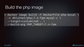 @danaluther
Build the php image
> docker image build -f Dockerfile-php-mysql 
-t dhluther/php:7.4-fpm-mysql-c 
--target=cu...