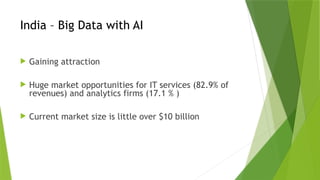 India – Big Data with AI
 Gaining attraction
 Huge market opportunities for IT services (82.9% of
revenues) and analytics firms (17.1 % )
 Current market size is little over $10 billion
 