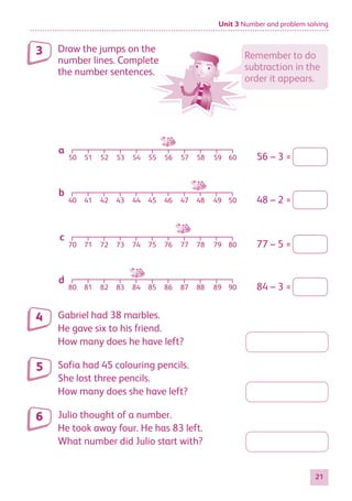 Unit 3 Number and problem solving
21
Draw the jumps on the
number lines. Complete
the number sentences.
number lines. Complete
the number sentences.
Remember to do
subtraction in the
order it appears.
70 72 74 76 78
71 73 75 77 80
79
c
77 – 5 =
80
d
82 84 86 88
81 83 85 87 90
89 84 – 3 =
50 52 54 56 58
51 53 55 57 60
59
a
56 – 3 =
40 42 44 46 48
41 43 45 47 50
49
b
48 – 2 =
Gabriel had 38 marbles.
He gave six to his friend.
How many does he have left?
Sofia had 45 colouring pencils.
She lost three pencils.
How many does she have left?
Julio thought of a number.
He took away four. He has 83 left.
What number did Julio start with?
3
4
5
6
884597_MATH_WORKBOOK_S2.indb 21 2017/05/03 6:27 PM
 