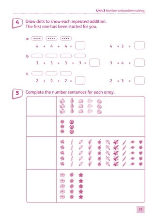 Unit 3 Number and problem solving
23
Draw dots to show each repeated addition.
The first one has been started for you.
a • • • • • • • • • • • •
4 + 4 + 4 4 × 3 =
b
3 + 3 + 3 + 3 3 × 4 =
c
2 + 2 + 2 2 × 3 =
Complete the number sentences for each array.
4
5
=
=
=
884597_MATH_WORKBOOK_S2.indb 23 2017/05/03 6:27 PM
 