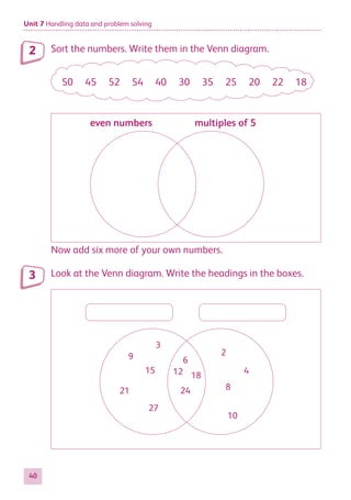 Unit 7 Handling data and problem solving
40
Sort the numbers. Write them in the Venn diagram.
50 45 52 54 40 30 35 25 20 22 18
even numbers multiples of 5
Now add six more of your own numbers.
Look at the Venn diagram. Write the headings in the boxes.
6
12 18
24
9
3
15
21
27
2
4
8
10
2
3
884597_MATH_WORKBOOK_S2.indb 40 2017/05/03 6:27 PM
 