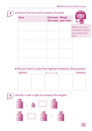 Unit 9 Measure and problem solving
53
a	Choose five items and complete the table.
Item Estimate
the mass
Weigh
your item
b	Put your items in order from lightest to heaviest. Draw pictures.
lightest heaviest
Use the  and  signs to compare the weights.
1 kg
10g
1 kg 1 kg
50 g
+
10g
1 kg
1 kg
50 g
+ +
1 kg 1 kg 1 kg
+
3
4
Make sure you
estimate before
you weigh the
item.
884597_MATH_WORKBOOK_S2.indb 53 2017/05/03 6:28 PM
 