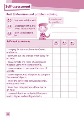 56
Unit 9 Measure and problem solving
Self-assessment
Self-check statements
I can pay for items with a mix of coins
and notes.
I can work out the change when I pay for
an item.
I can estimate the mass of objects and
measure using non-standard units.
I can use scales to measure the mass of
objects.
I can use grams and kilograms to compare
the mass of objects.
I know the difference between seconds,
minutes and hours.
I know how many minutes there are in
an hour.
I can read the time to the half-hour and
match digital and analogue clocks.
I need more
help with …
I don’t understand
this.
I understand this well.
I understand this, but
I need more practice.
884597_MATH_WORKBOOK_S2.indb 56 2017/05/03 6:28 PM
 