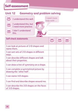 68
Unit 12 Geometry and problem solving
Self-assessment
Self-check statements
I can look at pictures of 2-D shapes and
name them.
I can sort sets of 2-D shapes in different
ways.
I can describe different shapes and talk
about their properties.
I can draw a line of symmetry on a shape.
I can complete a symmetrical picture by
drawing the ‘other half’.
I can name 3-D shapes.
I can find and describe shapes around me.
I can describe the 2-D shapes on the faces
of 3-D shapes.
I need more
help with …
I don’t understand
this.
I understand this well.
I understand this, but
I need more practice.
884597_MATH_WORKBOOK_S2.indb 68 2017/05/03 6:28 PM
 