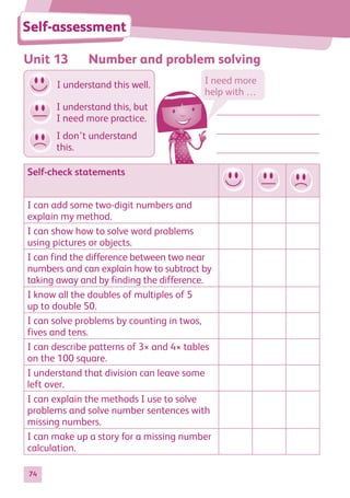 74
Unit 13 Number and problem solving
Self-assessment
Self-check statements
I can add some two-digit numbers and
explain my method.
I can show how to solve word problems
using pictures or objects.
I can find the difference between two near
numbers and can explain how to subtract by
taking away and by finding the difference.
I know all the doubles of multiples of 5
up to double 50.
I can solve problems by counting in twos,
fives and tens.
I can describe patterns of 3× and 4× tables
on the 100 square.
I understand that division can leave some
left over.
I can explain the methods I use to solve
problems and solve number sentences with
missing numbers.
I can make up a story for a missing number
calculation.
I need more
help with …
I don’t understand
this.
I understand this well.
I understand this, but
I need more practice.
884597_MATH_WORKBOOK_S2.indb 74 2017/05/03 6:28 PM
 