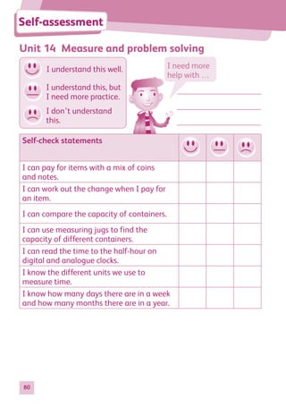 80
Unit 14 Measure and problem solving
Self-assessment
Self-check statements
I can pay for items with a mix of coins
and notes.
I can work out the change when I pay for
an item.
I can compare the capacity of containers.
I can use measuring jugs to find the
capacity of different containers.
I can read the time to the half-hour on
digital and analogue clocks.
I know the different units we use to
measure time.
I know how many days there are in a week
and how many months there are in a year.
I need more
help with …
I don’t understand
this.
I understand this well.
I understand this, but
I need more practice.
884597_MATH_WORKBOOK_S2.indb 80 2017/05/03 6:28 PM
 