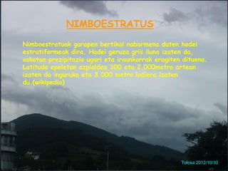 NIMBOESTRATUS

Nimboestratuak garapen bertikal nabarmena duten hodei
estratiformeak dira. Hodei geruza gris iluna izaten da,
askotan prezipitazio ugari eta iraunkorrak eragiten dituena.
Latitude epeletan azpialdea 300 eta 2.000metro artean
izaten da inguruko eta 3.000 metro lodiera izaten
du.(wikipedia)




                                                   Tolosa 2012/10/30
 