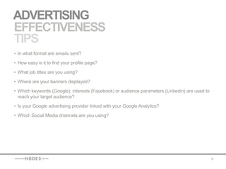 ADVERTISING
EFFECTIVENESS
TIPS
• In what format are emails sent?

• How easy is it to find your profile page?

• What job titles are you using?

• Where are your banners displayed?

• Which keywords (Google), interests (Facebook) or audience parameters (Linkedin) are used to
  reach your target audience?

• Is your Google advertising provider linked with your Google Analytics?

• Which Social Media channels are you using?




                                                                                                8
 