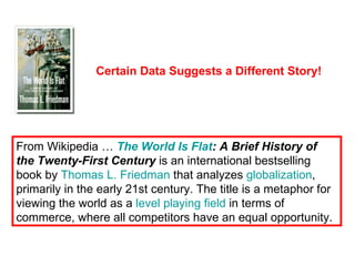 From Wikipedia …  The World Is Flat : A Brief History of the Twenty-First Century  is an international bestselling book by  Thomas L. Friedman  that analyzes  globalization , primarily in the early 21st century. The title is a metaphor for viewing the world as a  level playing field  in terms of commerce, where all competitors have an equal opportunity.   Certain Data Suggests a Different Story! 
