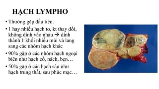 HẠCH LYMPHO
• Thường gặp đầu tiên.
• 1 hay nhiều hạch to, kt thay đổi,
không dính vào nhau  dính
thành 1 khối nhiều múi và lang
sang các nhóm hạch khác
• 90% gặp ở các nhóm hạch ngoại
biên như hạch cổ, nách, bẹn…
• 50% gặp ở các hạch sâu như
hạch trung thất, sau phúc mạc…
 