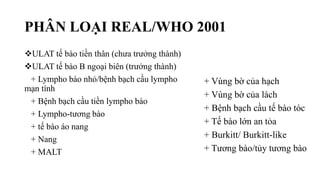 PHÂN LOẠI REAL/WHO 2001
ULAT tế bào tiền thân (chưa trưởng thành)
ULAT tế bào B ngoại biên (trưởng thành)
+ Lympho bào nhỏ/bệnh bạch cầu lympho
mạn tính
+ Bệnh bạch cầu tiền lympho bào
+ Lympho-tương bào
+ tế bào áo nang
+ Nang
+ MALT
+ Vùng bờ của hạch
+ Vùng bờ của lách
+ Bệnh bạch cầu tế bào tóc
+ Tế bào lớn an tỏa
+ Burkitt/ Burkitt-like
+ Tương bào/tủy tương bào
 