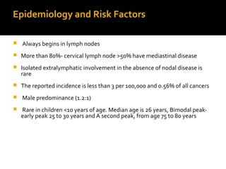 Epidemiology and Risk Factors
 Always begins in lymph nodes
 More than 80%- cervical lymph node >50% have mediastinal disease
 Isolated extralymphatic involvement in the absence of nodal disease is
rare
 The reported incidence is less than 3 per 100,000 and 0.56% of all cancers
 Male predominance (1.2:1)
 Rare in children <10 years of age. Median age is 26 years, Bimodal peak-
early peak 25 to 30 years and A second peak, from age 75 to 80 years
 