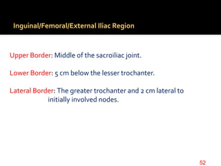 Inguinal/Femoral/External Iliac Region
Upper Border: Middle of the sacroiliac joint.
Lower Border: 5 cm below the lesser trochanter.
Lateral Border: The greater trochanter and 2 cm lateral to
initially involved nodes.
52
 
