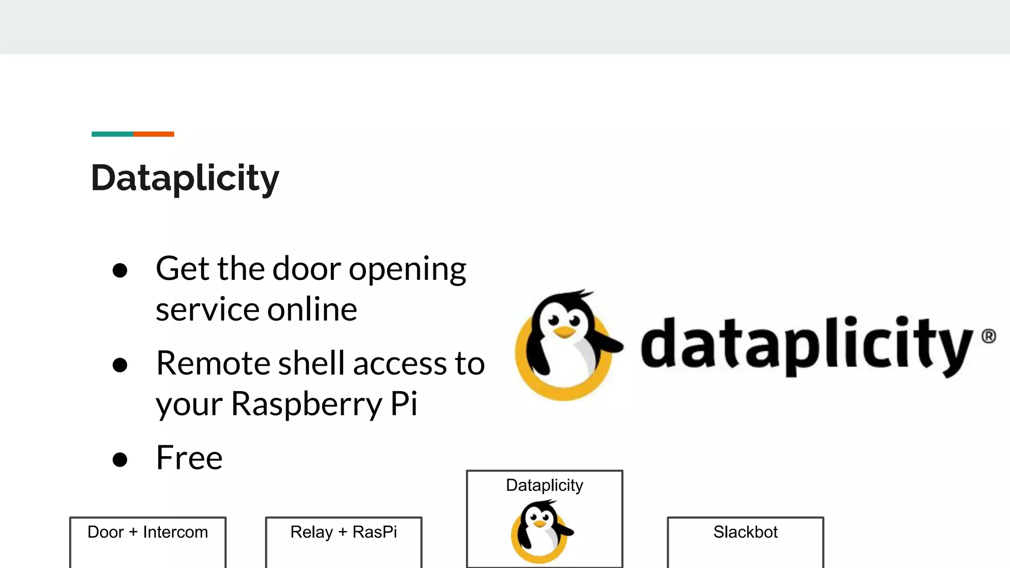 Door + Intercom Relay + RasPi
Dataplicity
Slackbot
Dataplicity
● Get the door opening
service online
● Remote shell access to
your Raspberry Pi
● Free
 