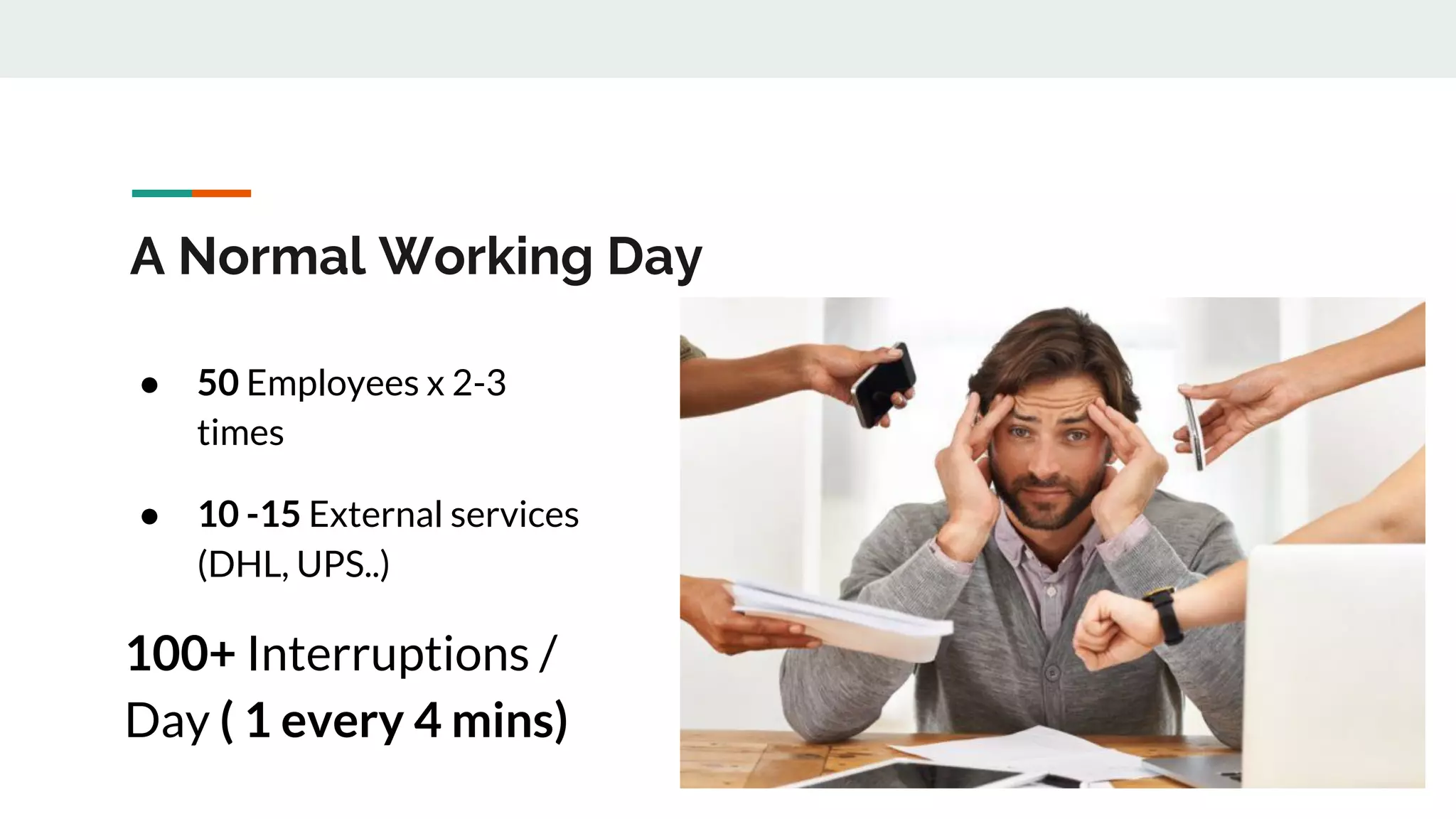 A Normal Working Day
● 50 Employees x 2-3
times
● 10 -15 External services
(DHL, UPS..)
100+ Interruptions /
Day ( 1 every 4 mins)
 