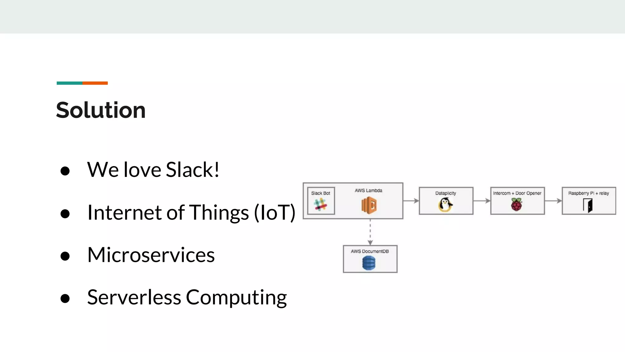 Solution
● We love Slack!
● Internet of Things (IoT)
● Microservices
● Serverless Computing
 