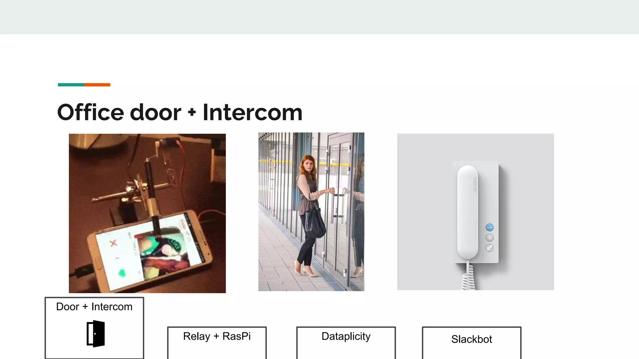 Door + Intercom
Relay + RasPi Dataplicity Slackbot
Office door + Intercom
 